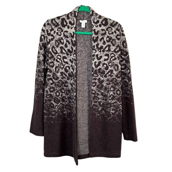 Chicos Sweater Women S Black Open Twee Wool Animal Print Neutral Jacket Stretch - Picture 1 of 11